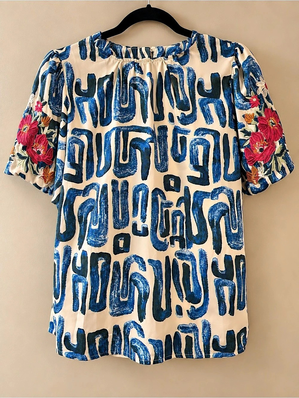 Embroidered Floral Blouse in Blue & Cream